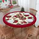 bnhjsdw Elastic Round Tablecloth - Fit for 36-44” Tables, Christmas Round Fitted Table Cloth with Elastic Edge, Water Resistant Washable Table Covers for Dining Room, Party & Kitchen Decor (Red-Xmas Flowers)