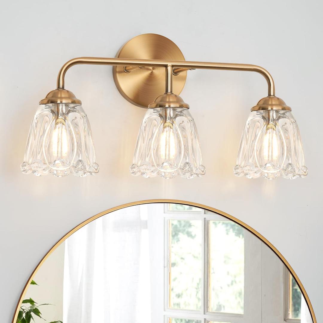 Daunton 3-Light Bathroom Vanity Light Gold, Vintage Vanity Light Fixtures Over Mirror, Brass Bathroom Light with Flower Glass Shade, Art Deco Wall Sconce Lighting for Bedroom, Living Room, 18.1in