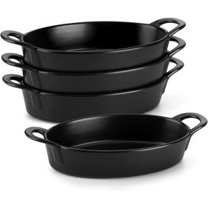 MALACASA Small Casserole Baking Dishes for Oven, Ceramic Oval Baking Dish Sets of 4, 8" x 5" Inch Au Gratin Baking Pans with Handles for Roasting, Lasagna, Pie, Baking Meat & Vegetables, Matte Black
