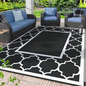 GENIMO 9 ' x 12 '   Outdoor Rug Waterproof for Patio Decor, Foldable Reversible Plastic Straw Area Rugs Mat for Camper, Morden Carpet for Outside, Rv, Deck, Porch, Picnic, Beach, Balcony, Black & White