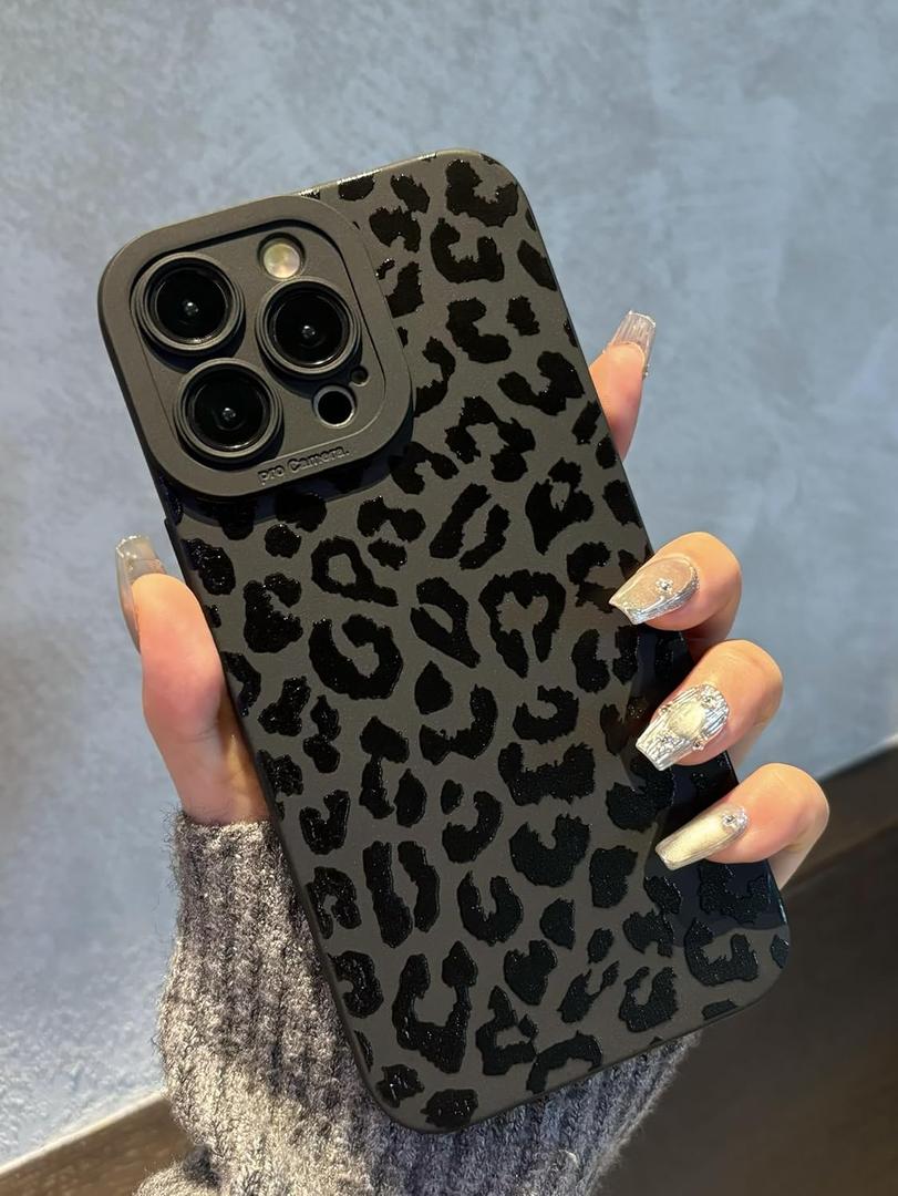 for iPhone 15 Pro Max Case 6.7 Inch 2023, Aesthetic Leopard Cheetah Print Phone Case for Women Girls Men, Silicone Protective Phone Cover for iPhone 15 Pro Max, Black Leopard