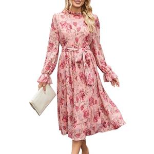 ANRABESS Women's Floral Chiffon Midi Dress Puff Long Sleeve Mock Neck Summer Wedding Guest Party Dresses Fall 2026 Outfits Pink Red Rose, Large