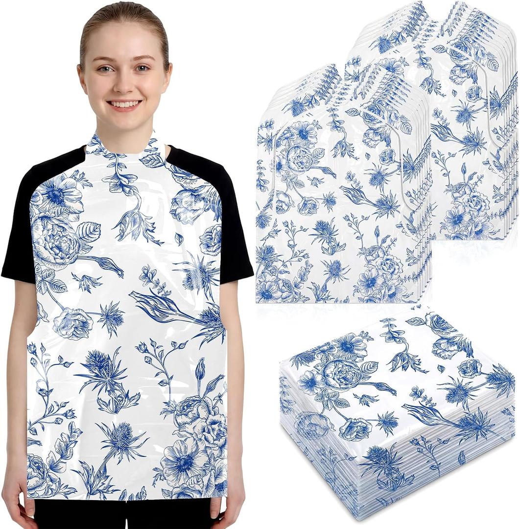 Unittype Disposable Bibs for Adults 25/50/100 Pcs Plastic Floral Bib Dining Clothing Protectors for Elderly Eating
