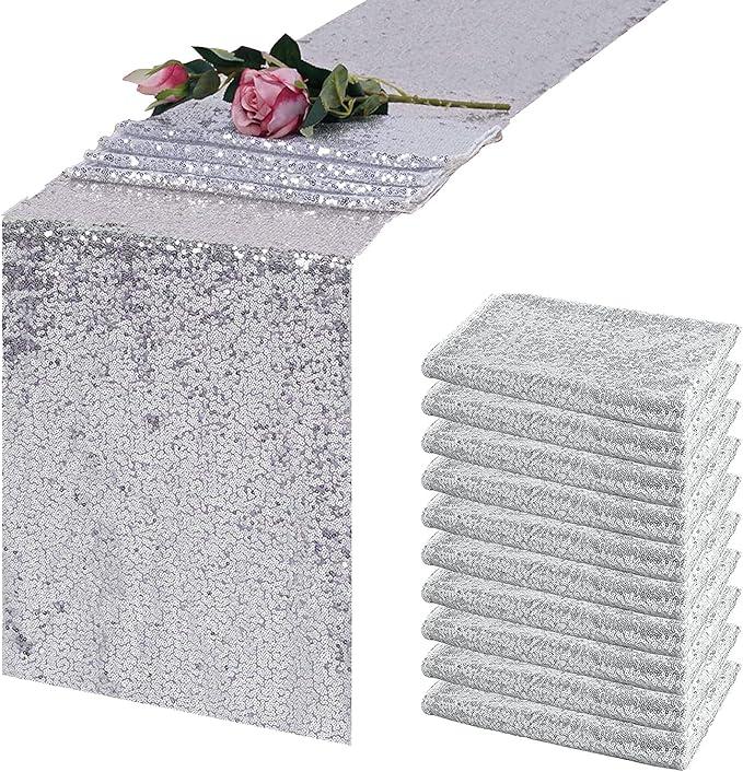 12 Pack Silver Table Runners, 12x108 inch Sequin Table Runner Glitter Sparkly Dinner Party Supplies Fabric for Wedding Birthday Baby Shower Holiday Celebration