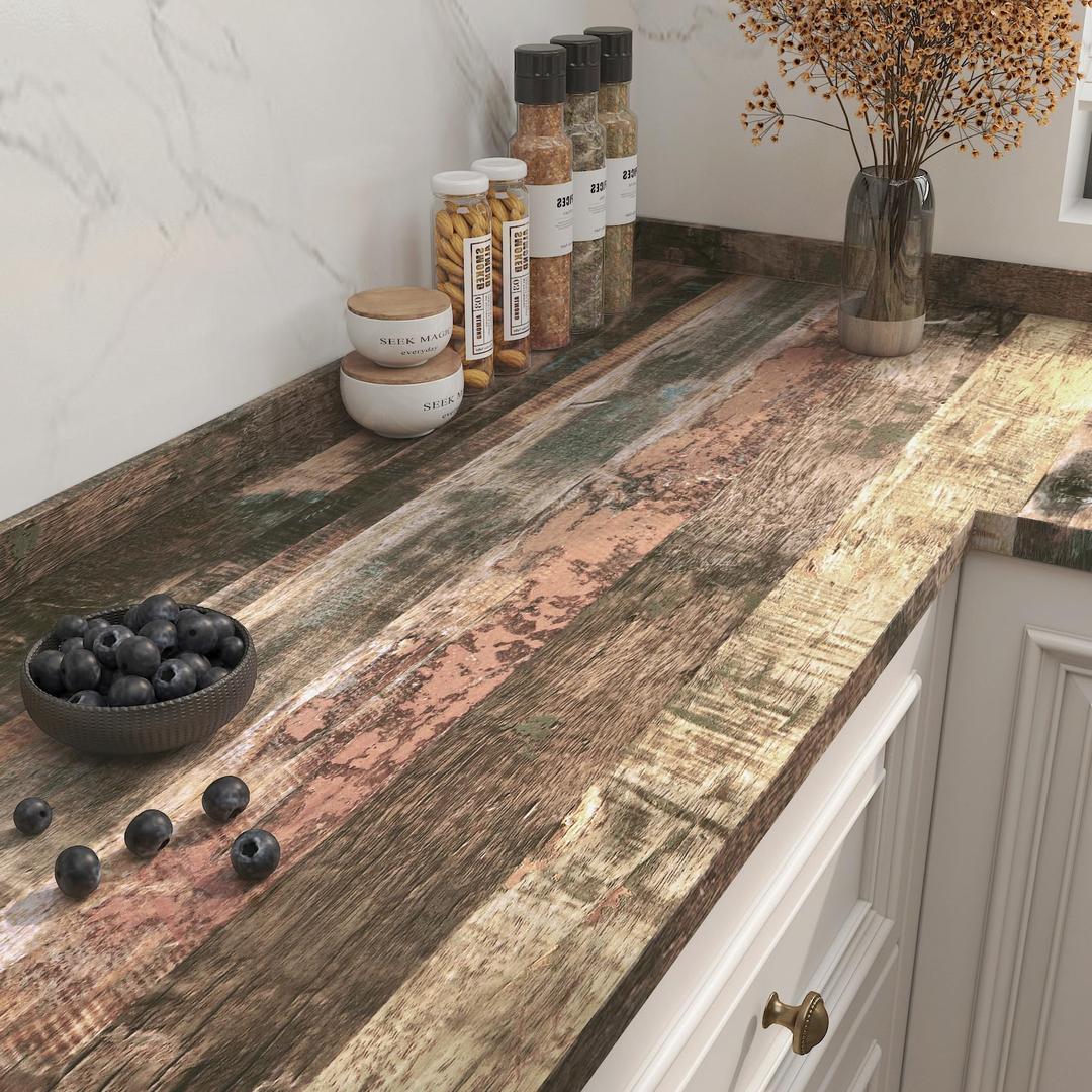 FunStick 24"x200" Brown Reclaimed Wood Contact Paper for Countertops Waterproof Wood Wallpaper Peel and Stick Wood Grain Countertop Contact Paper Self Adhesive Wood Wall Paper Vinyl Wrap for Cabinets Gray and White