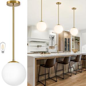 Bagood 10 Inch Globe Pendant Light Gold Mid Century Pendant Light Contemporary Globe Pendant Lights Adjustable Hanging Light Fixture Milk Glass with Brass Finish for Dining Room Kitchen Island