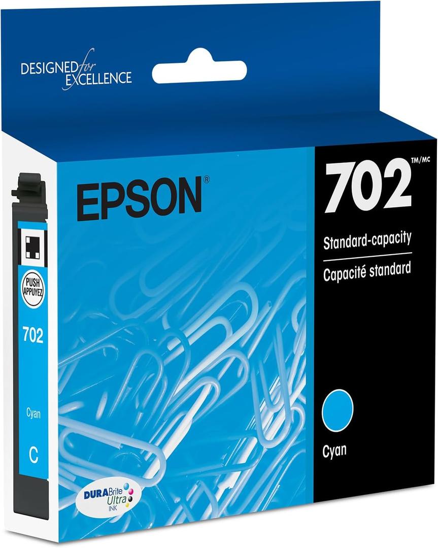 EPSON 702 DURABrite Ultra Ink Standard Capacity Cyan Cartridge (T702220-S) Works with WorkForce Pro WF-3720, 3730, 3733