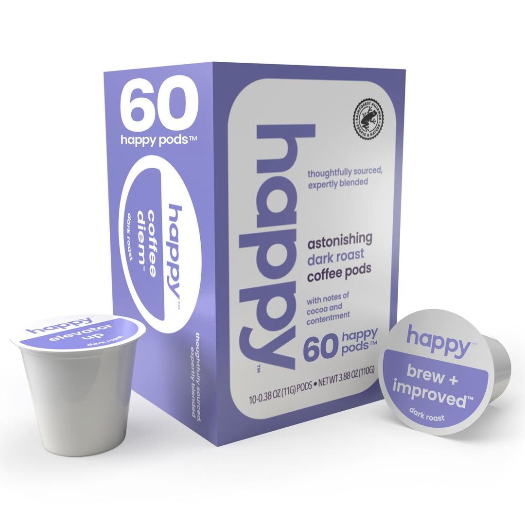 happy coffee dark roast coffee pods, 60 count, notes of cocoa & contentment, compatible with most K-cup brewers, rainforest alliance certified (EXP 02/28/26)