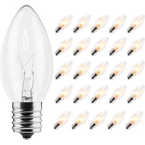 25 Pack C9 Bulbs Clear Replacement Bulbs Incandescent, C9 Christmas Light Bulbs for Christmas String Light, E17 Intermediate Base, 7 Watt, Clear