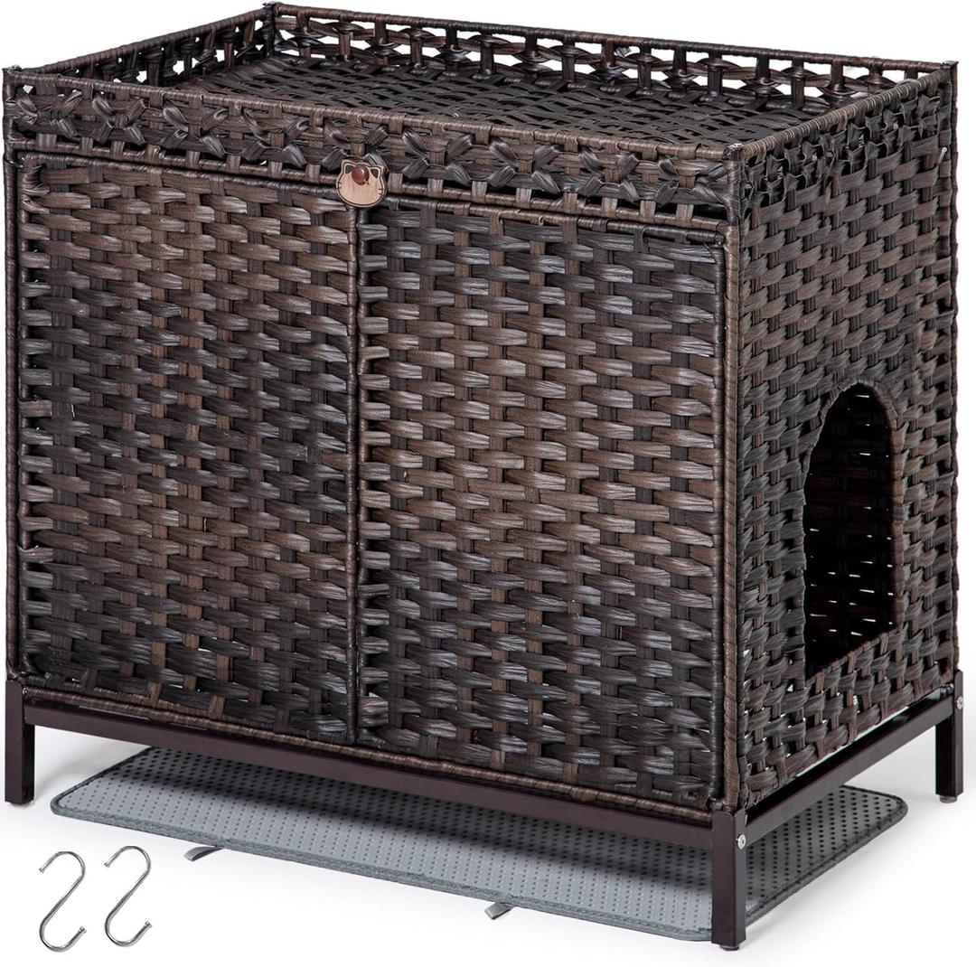 Cat Litter Box Enclosure Furniture, Hidden Handwoven Rattan Litter Box with Mat, Large Cat House with Metal Heightened Feet, 30.3 x 18.3 x 28 Inches, Indoor for Living Room, Bedroom Brown