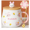Kawaii Rabbit Mugs - Ceramic Tea & Coffee Cups with Lid & Spoon, Perfect for Milk Latte, Great Gifts for Women & Girls