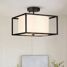 15.7" Industrial Drum Ceiling Light - Semi Flush Mount with Black Metal Frame & Fabric Shade for Bedroom, Hallway, Kitchen