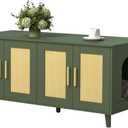Homhedy Boho Cat Litter Box Enclosure for 2 Cats, Wooden Cat Washroom Furniture with Double Rattan Decorated Doors, Pet House,47.2L x 19.7W x 21.7H, Green