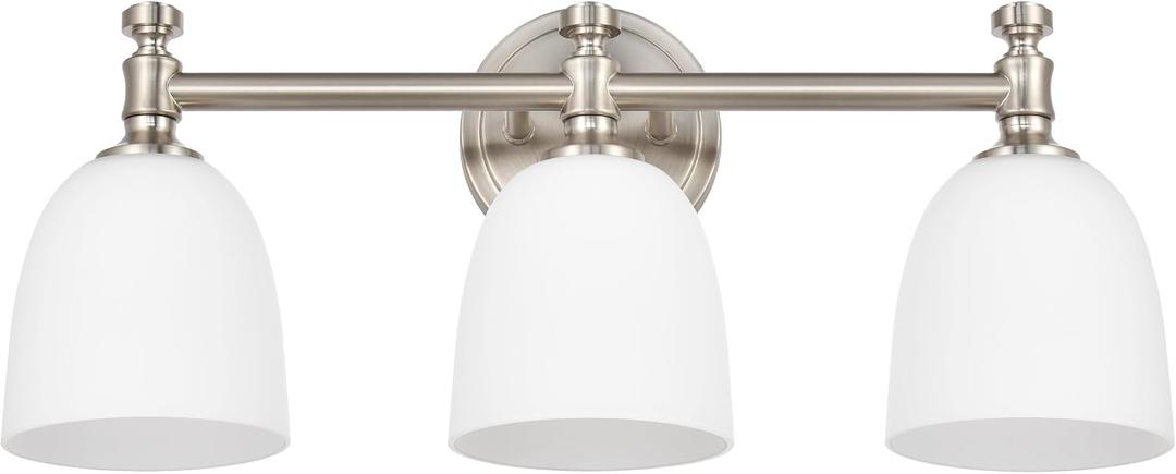 Bathroom Vanity Light, 3-Light Bathroom Light Fixtures Over Mirror, Traditional Vanity Lights for Living Room, Milk White Bell Glass Shades, Standard E26 Base, Brushed Nickel