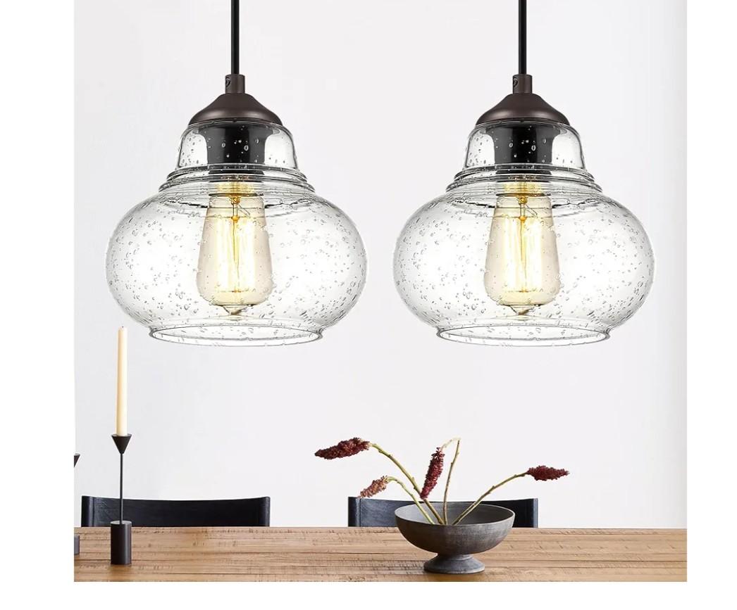 ELYONA 2 Pack Bubble Glass Pendant Lights, 8 Inch Vintage Hanging Lamp Seeded Glass Industrial Pendant Light Fixtures for Kitchen Island, Farmhouse, Bar, Bathroom, Dining Room, Oil Rubbed Bronze