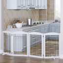 Spirich Free Standing Foldable Wire Pet Gate for Dogs, 80 inches Extra Wide, 30 inches Tall 4 Panels Dog Gate for the House, Doorway, Stairs, Pet Puppy Safety Fence,Set of Support Feet Included, White