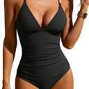 Aidonger One Piece Swimsuit Tummy Control Ruched Bathing Suit for Women Slimming Swimwear Deep V Neck Tie Back Swim Suit (Black, L)