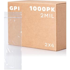 GPI - 2" x 6" Zip Bags, 1000 Count, 2 Mil, Clear Plastic Reclosable Zipper Poly Baggies, with Resealable Zip Top Lock Seal, for Jewelry, Coins, Pills, Candy, Beads, Seeds & More.