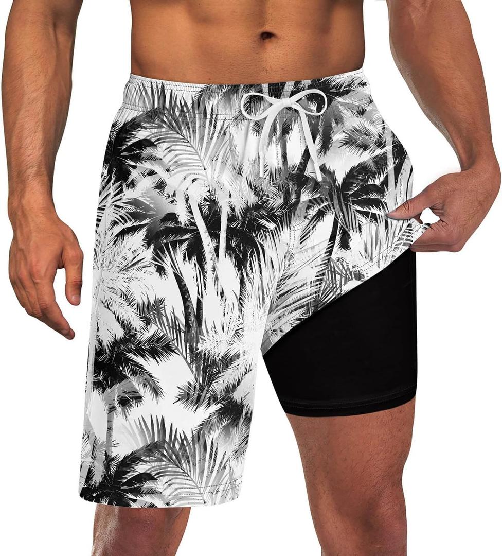 Goodstoworld Men's Funny Swim Trunks with Compression Liner 2 in 1 Quick-Dry 9" Stretch Shorts with Three Pockets (L)