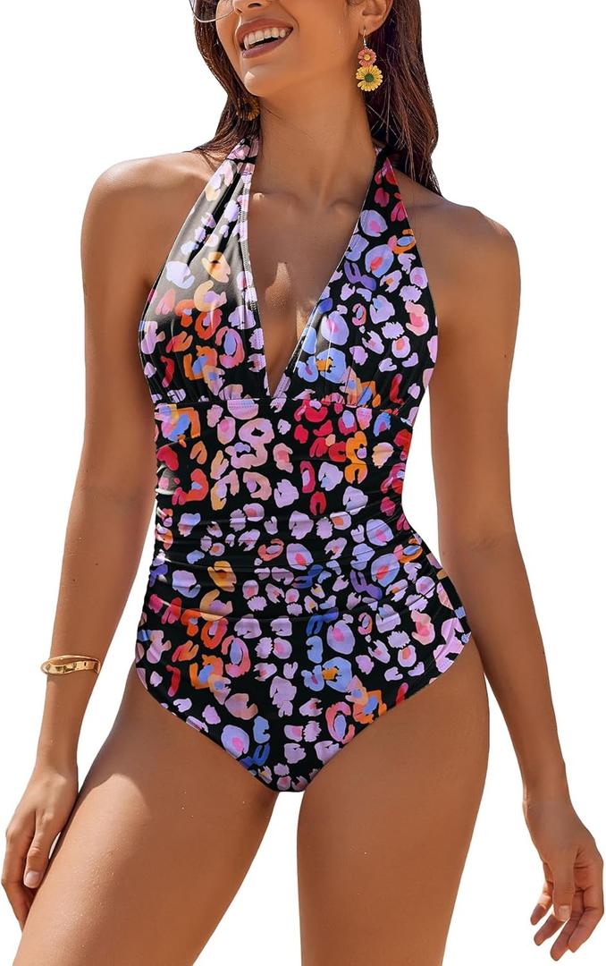 AI'MAGE Women's One Piece Swimsuit Tummy Control Halter Ruched Deep V Neck Bathing Suits Size S