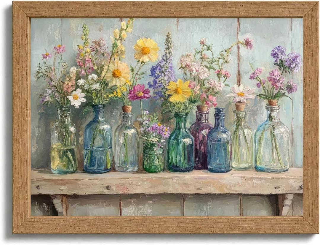 Wood Framed Farmhouse Plants Flowers Wall Art Wildflowers Colorful Glass Bottles Wall Decor Rustic Wildflower Poster Print Artwork for Bathroom Living Room Bedroom Study Room Home Decoration, 24"L x 16"W