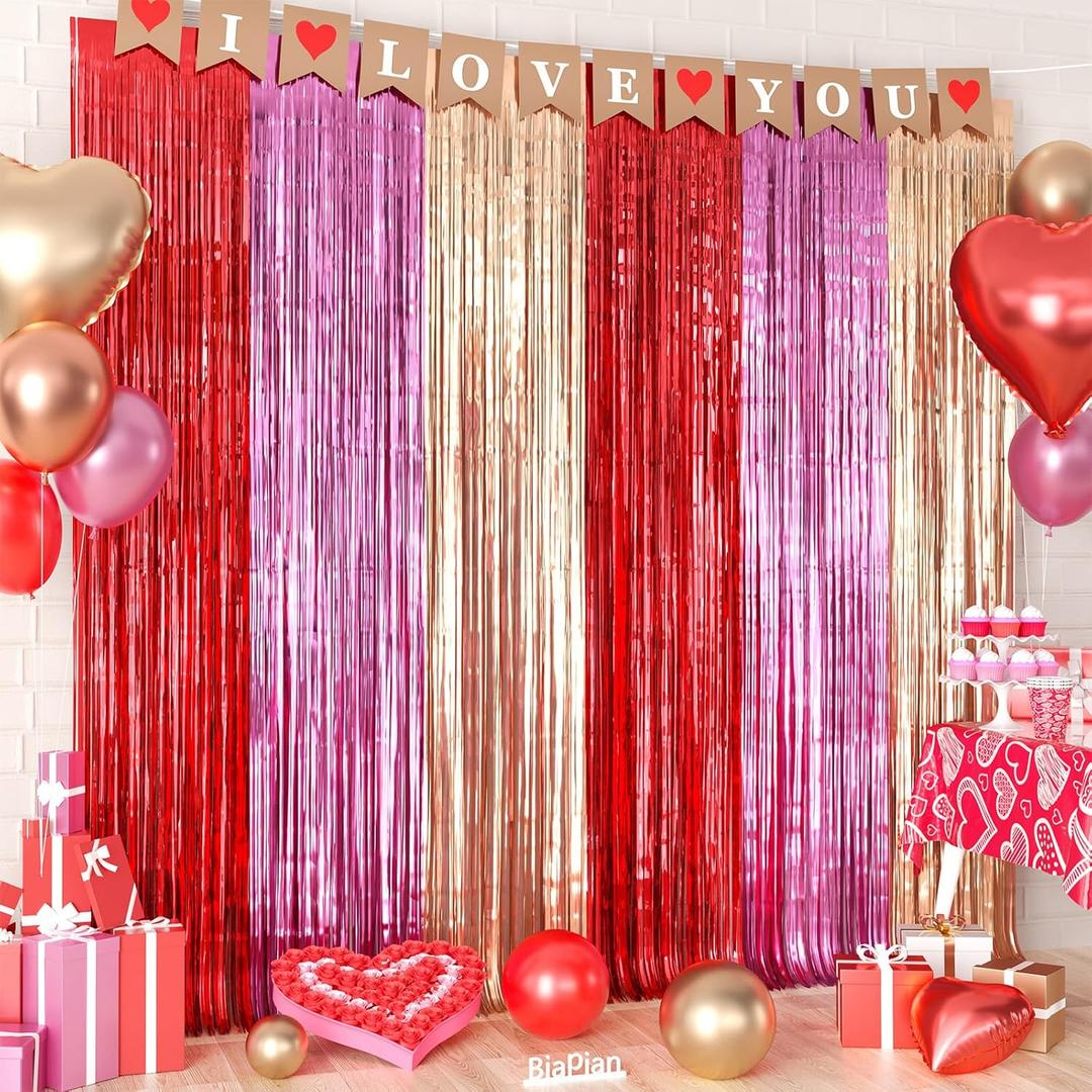Biapian Valentine's Day Decorations, 2 Packs Red Pink Rose Gold Metallic Tinsel Foil Fringe Curtain Streamers for Galentines Day Birthday Party Bridal Shower Photo Booth Prop Backdrop (3.3ft X 6.6ft)