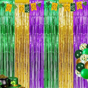 3 Pack Mardi Gras Foil Fringe Curtains 3.2ft x 8.2ft Green Purple Gold Fringe Curtain Backdrop Mardi Gras Party Decorations Photo Booth Prop Streamer for Oktoberfest Birthday Party Decoration