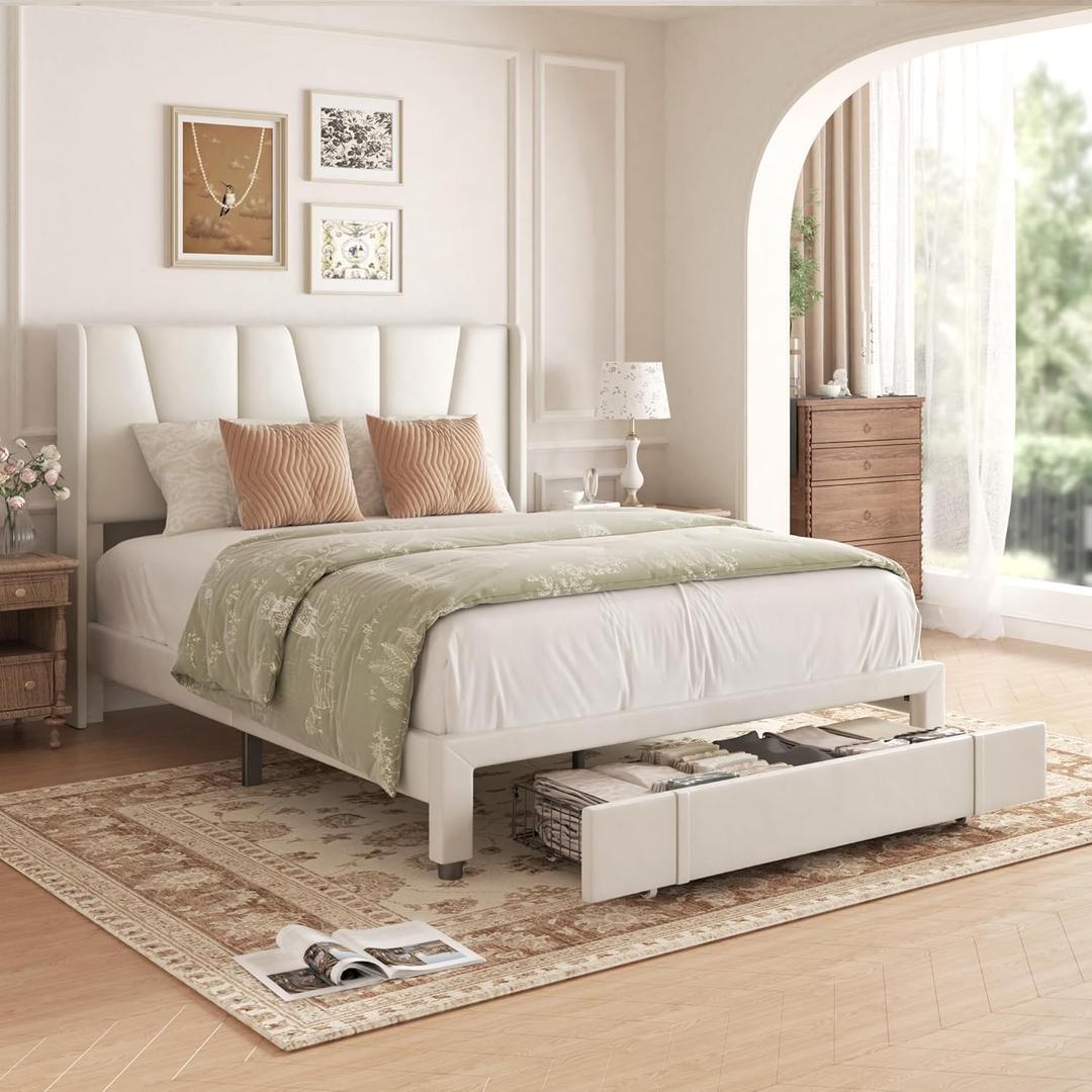 Full Bed Frame with Storage Drawers, Velvet Upholstered Platform Bed with 47" Tall Headboard and Wingboard, No Box Spring Needed, Noise Free, Easy Assembly, Wooden Support Slats, Beige