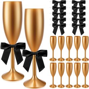 Zopeal Plastic Reusable Champagne Flute Glasses 6 oz and 50 Pcs Bow Set Acrylic Wedding Toasting Goblet 3.5" Bow Unbreakable Wine Cup for Bachelorette Bridal Shower Party(Gold and Black)