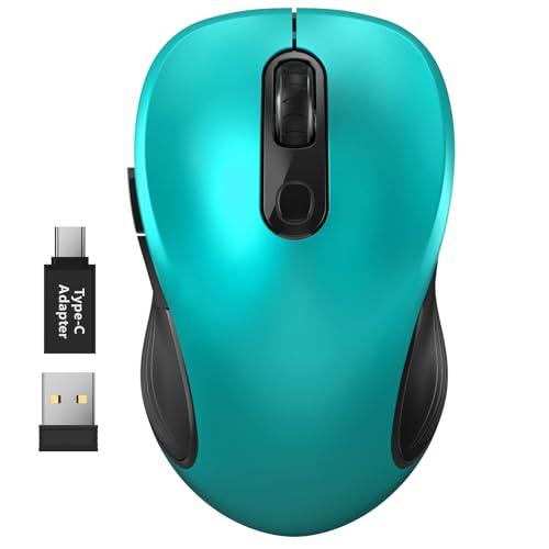 WisFox 2.4G Wireless Mouse for Laptop, Ergonomic Computer Mouse with USB Receiver and Type-C Adapter, 3 Adjustable Levels, 6 Button Cordless Wireless Mice for Windows Mac PC Notebook (Green)