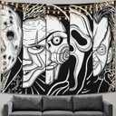 Black White Horror Face Tapestry Trippy Wall Hanging Halloween Decor, Party Tapestry for Bedroom, Living Room (51" x 59")