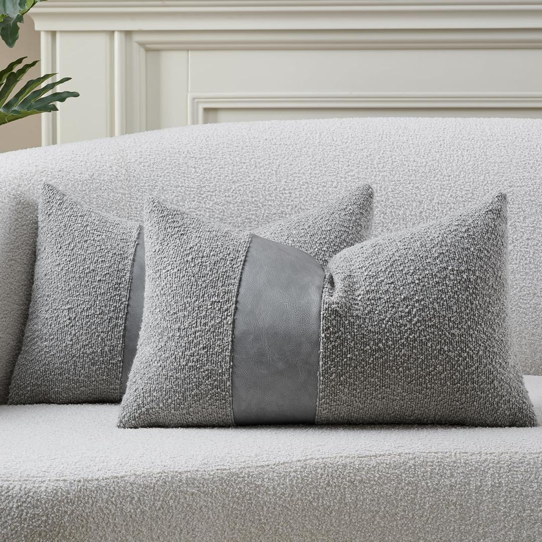 DEZENE Pack of 2 Faux Leather Boucle Throw Pillow Covers 20"x12" Grey Chic Accents Textured Rectangular Lumbar Decorative Pillow Cases for Living Room Couch Bed Farmhouse Boho Home Decor