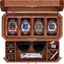 ROTHWELL 4 Slot Leather Watch Box with Valet Drawer - Luxury Case Display Jewelry Organizer, Locking Display Case Holder with Real Glass Top - Watch Box Organizer for Men & Women (Tan)