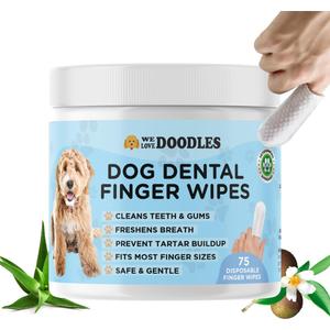 2 x We Love Doodles Dog Teeth Cleaning Wipes - Pet Dental Finger Wipes for Dogs - Cleans Teeth and Gums, Freshens Breath Dog Dental Wipes, Prevents Tartar Buildup, Fits Most Finger Sizes (75 Wipes) 2 x We Love Doodles Dog Teeth Cleaning Wipes - Pet Dental Finger Wipes for Dogs - Cleans Teeth and Gums, Freshens Breath Dog Dental Wipes, Prevents Tartar Buildup, Fits Most Finger Sizes (75 Wipes)