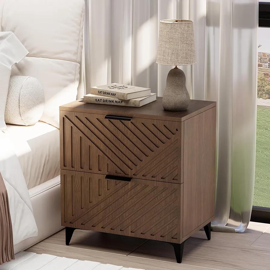 Nightstand with 2 Drawers Night Stand with Fluted Panel, Modern Bedside Table for Bedroom, Wood End Table Side Table Small Storage Cabinet, Brown