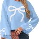 UNIQUEONE Oversized Bow Sweater Y2K Crew Neck Drop Shoulder Long Sleeve Knit Pullover Tops Fall Outfits Trendy (Medium)
