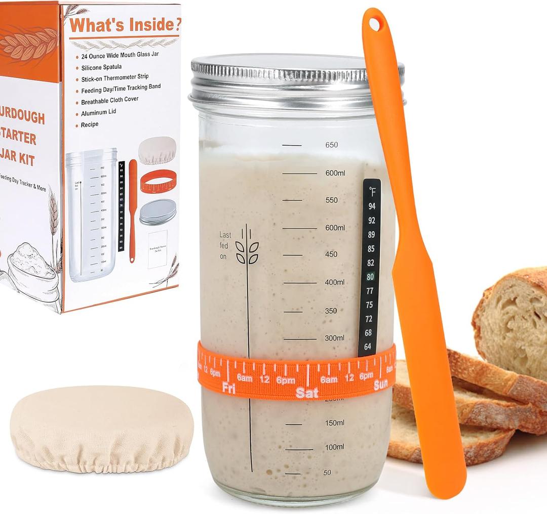 Sourdough Starter Jar Kit, 24oz Wide Mouth Glass Jar with Aluminum Lid, Silicone Scraper, Date Marked Feeding Band, Thermometer, Cloth Cover, Recipes, Sourdough Bread Baking Supplies