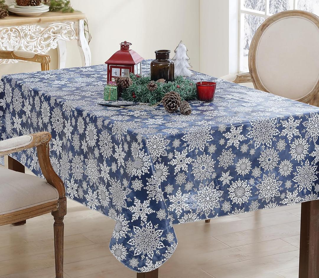 Newbridge Christmas Navy Winter Snowflake 60 x 84 Inch Rectangle Vinyl Tablecloth with Flannel Backing  Sparkling Silver Holiday Print Easy-Care Wipe Clean Table Cover