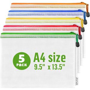 5 Pack Mesh Zipper Pouch Bags A4-13.5x9.5 in Plastic Zipper Pouches for Organizing - Document Bags with Zippers - Letter Size Zippered Pouches - Waterproof Document Pouch with Zippers
