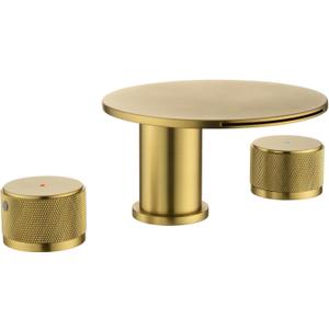 TapLong Brushed Gold Waterfall Bathroom Faucet 3 Hole, Bathroom Sink Faucet 8 Inch Widespread,2 Round Handle for Restroom Sink with CUPC Supply Hose,02799BG