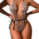 OYOANGLE Women's Leopard Print High Cut Bodysuit Costume Tie Backless Sleeveless Lingerie Jumpsuit (Brown), Small 