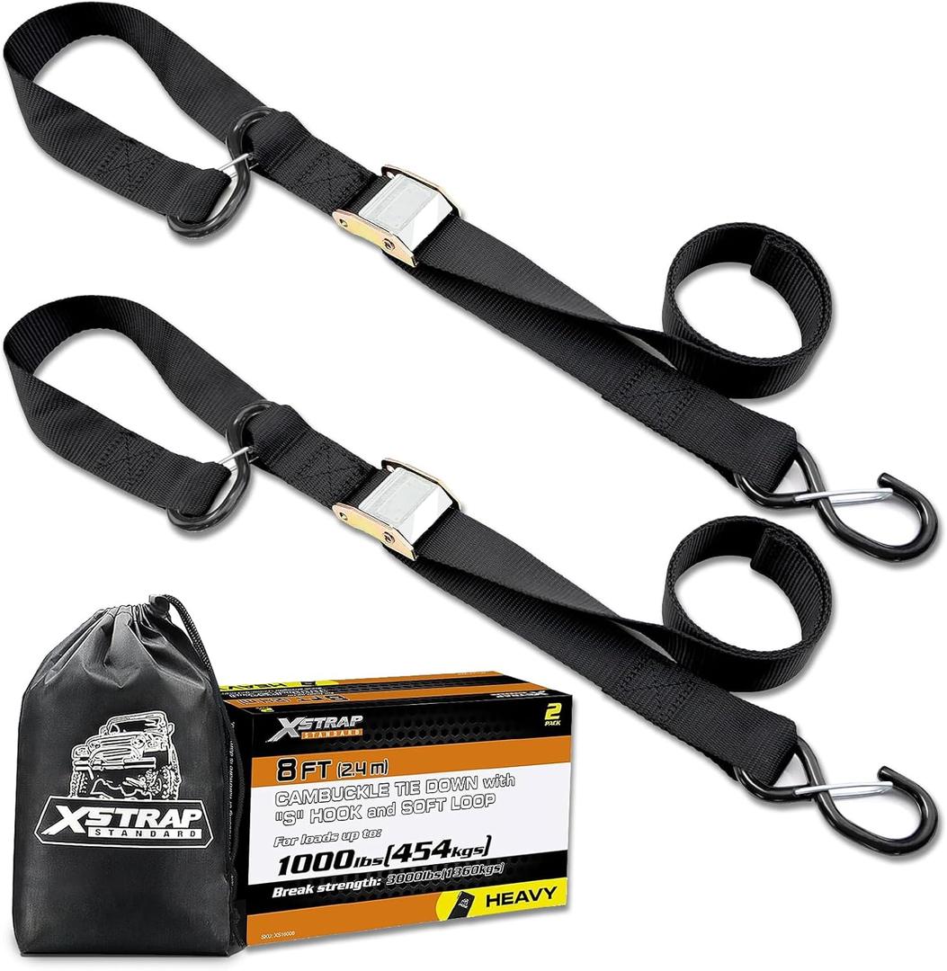 XSTRAP STANDARD Motorcycle Tie Down Straps (2 Pack) 3,000 lb Break Strength, 1.5 in X 8FT Heavy-Duty Cambuckle Tie Down Set with S Hook and Soft Loops, Black