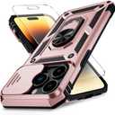 Vinve for iPhone 14 Pro Max Case with Slide Lens Cover HD Screen Protector, Military Grade Drop Protection, Magnetic Rotated Ring Holder Kickstand Protective Phone Case (Rose Gold)