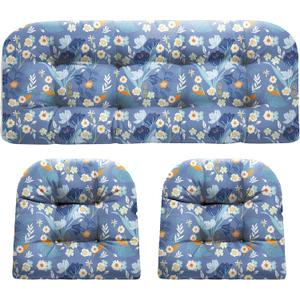 DANGHOOGY Wicker Chair Cushions, Waterproof Outdoor Loveseat Cushions for Patio Furniture, Tufted Wicker Furniture Cushions, 1 Loveseat and 2 U-Shaped Cushions (Blue Floral)