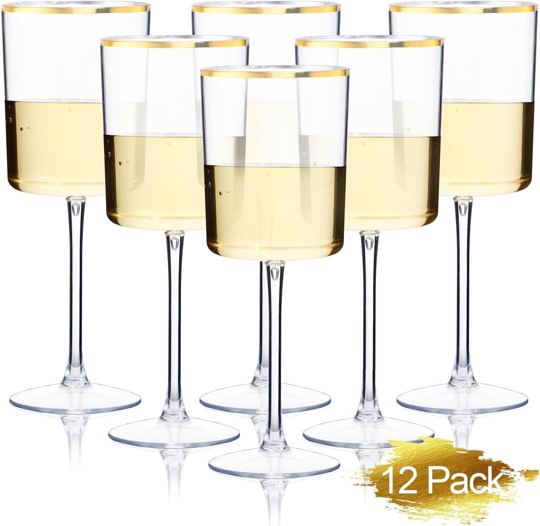 Ciaell 12 Pack Plastic Wine Glasses - 10 Oz Plastic Wine Glasses with Stem - Gold Rim Disposable Cups for Parties & Weddings & Poolside & Toasting & Outdoors