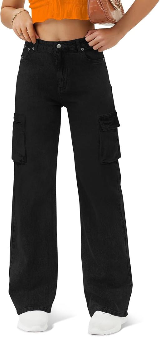 Women High Waisted Cargo Jean for Women with 6 Pockets Straight Wide Leg Jean Casual Baggy Pants (Large, Black)