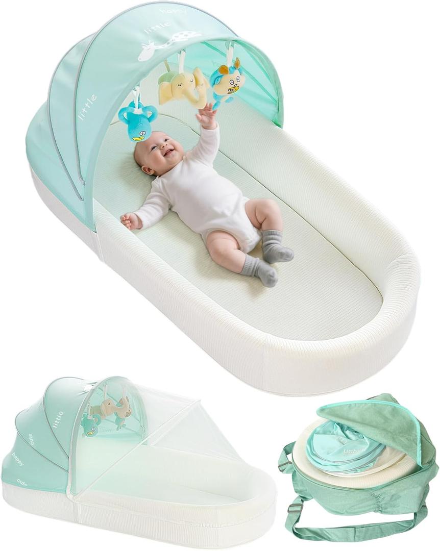 Portable Newborn Nest Lounger-Travel Bassinet,XL co-Sleeper with Canopy & Mosquito Net-Lightweight Foldable Lounger Cotton Cover & Supportive Mattress and Washable, Indoor-Outdoor Use (Green)