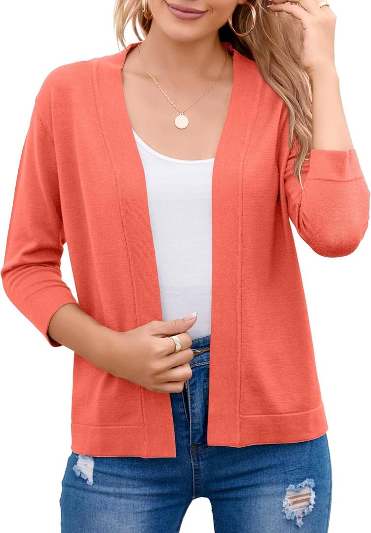 Bettysays Women's 3/4 Sleeve Open Front Cropped Cardigan Sweater Elegant Shrugs for Women (Small, A-16 Bright Orange)