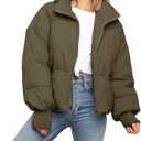 Womens Winter Cropped Puffer Jacket Coat Casual Quilted Baggy Long Sleeve Zip Down Jackets Outerwear (US, Alpha, Medium, Regular, Regular, Dark Green) (Green, M)