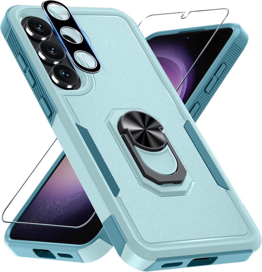 Janmitta for Samsung Galaxy S25 FE Case with Screen Protector+Camera Lens Protector,Heavy Duty Shockproof Full Body Protective Cover Built in Rotatable Metal Ring Holder Kickstand,2025 Mint Green